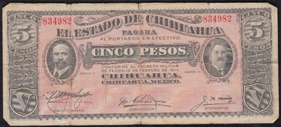 Foto de 1914 MEXICO 5 PESOS. Ord.Cat.73