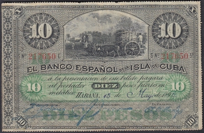 Foto de 1896 Bco Español CUBA 10 PESOS 15 de MAYO. Ord.Cat.95