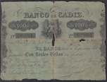 Foto de 1847 BANCO DE CADIZ 100 REALES DE VELLON - 1a EMIS. Ord.Cat.3