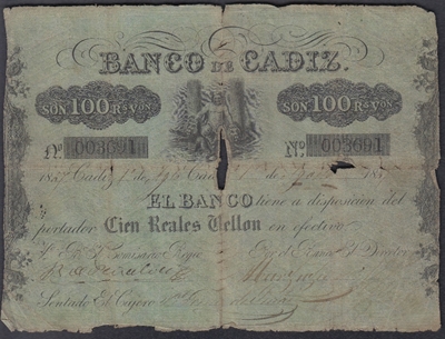 Foto de 1847 BANCO DE CADIZ 100 REALES DE VELLON - 1a EMIS. Ord.Cat.3