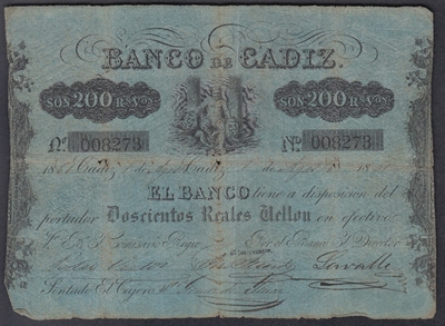 Foto de 1847 BANCO DE CADIZ 200 REALES DE VELLON. Ord.Cat.4