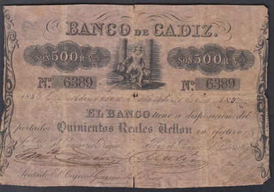 Foto de 1847 BANCO DE CADIZ 500 REALES DE VELLON. Ord.Cat.5