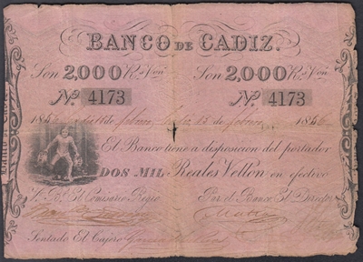 Foto de 1847 BANCO DE CADIZ 2000 REALES DE VELLON. Ord.Cat.7