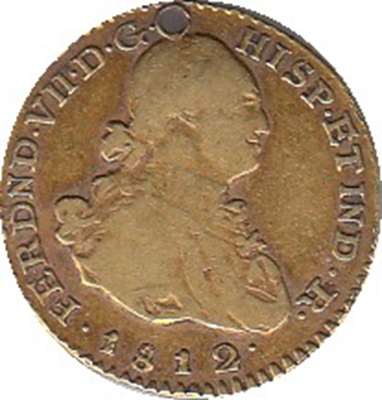 Foto de 1812 FERNANDO VII 1 ESCUDO POPAYAN JF Ensayador INVERTIDO